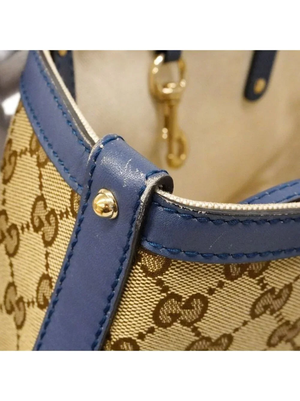 Gucci Tote GG Canvas Beige Blue Champagne Gold